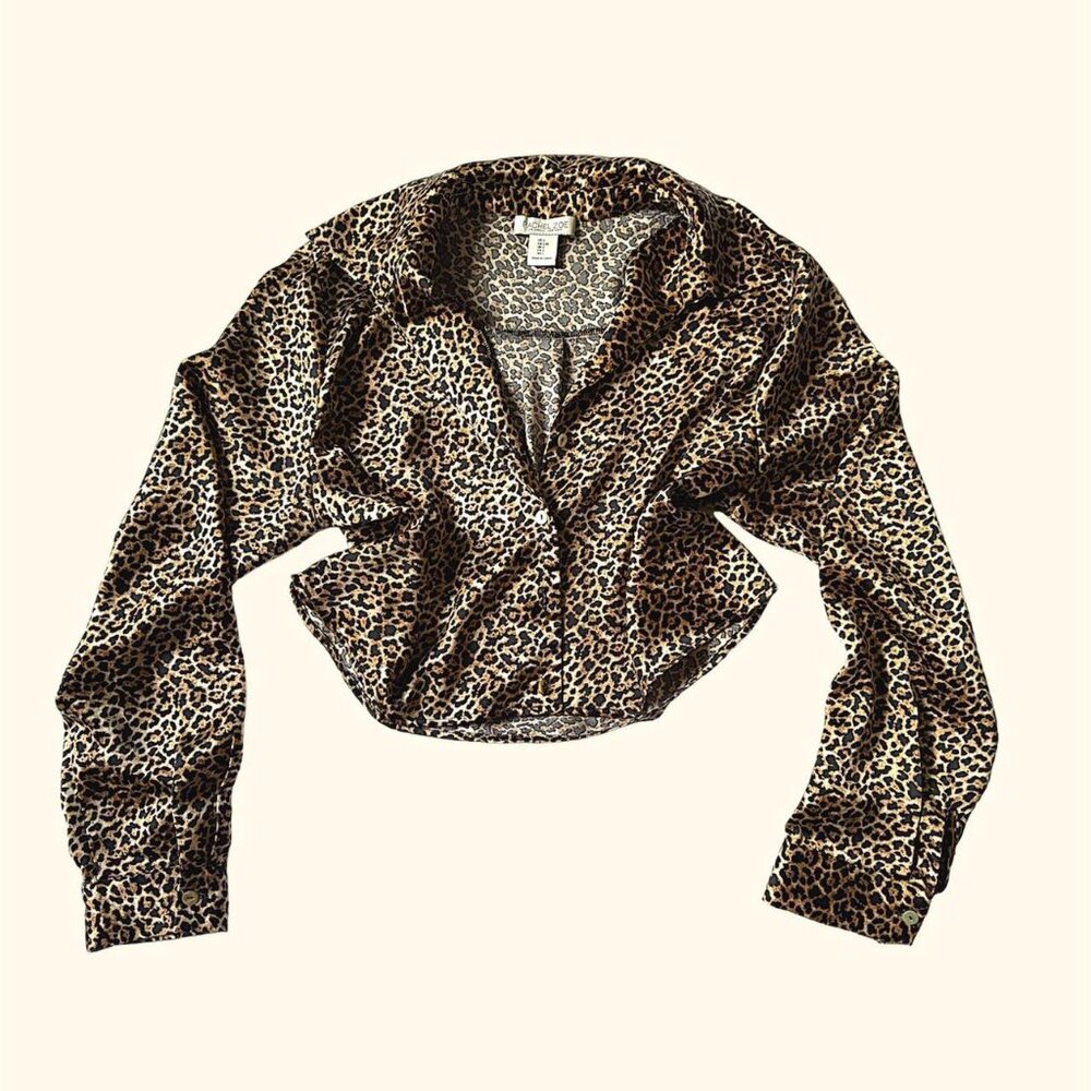 RACHEL ZOE cropped long sleeve leopard print top with collar